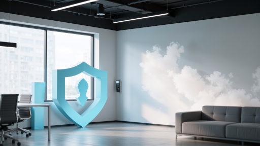 银行金融机构云桌面部署案例，显示安全办公环境，蓝色背景，体现金融服务专业性