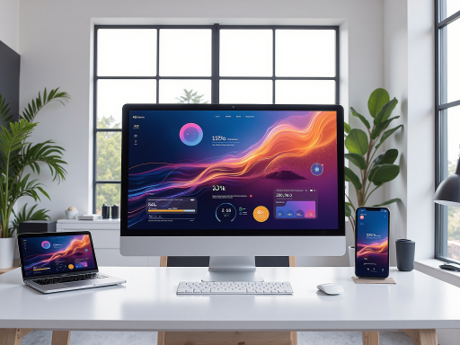 现代化办公场景，多个显示器显示云桌面界面，蓝色科技背景，体现云端协作概念